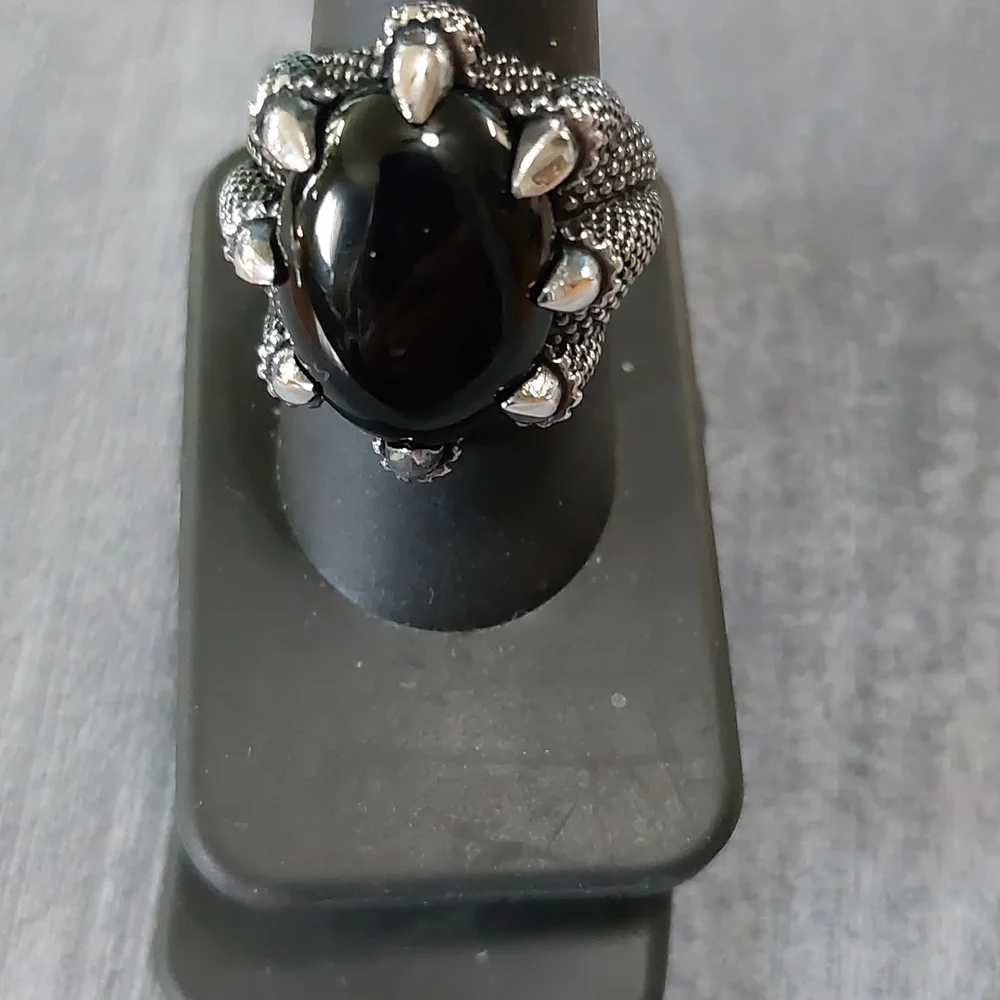 Sterling Silver Oxidized Eagle Claw Sz 9 Cabochon Ring 26mm H  23mm W